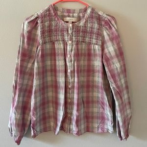 Ann Taylor LOFT Women's Pink/Gray Plaid Smocked Button-Front Shirt Top Blouse: S
